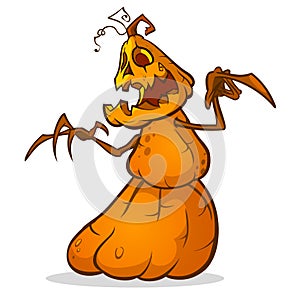 Halloween scarecrow with pumpkin head. Vector cartoon pumpkin monster with smiling expression isolated on white