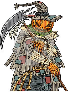 Halloween Scarecrow with a Scythe Cartoon Clipart