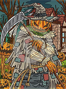 Halloween Scarecrow with a Scythe Colored Cartoon