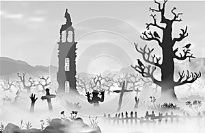 Halloween scareful landscape with trees, spooky branches, old church, graveyard objects, fence, zombies and hands of