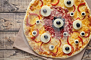 Halloween scary food monster pizza with eyes