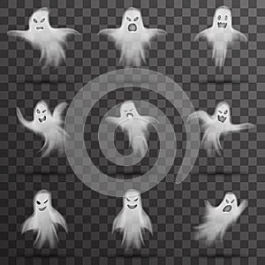 Halloween white scary ghost isolated template transparent night background vector illustration