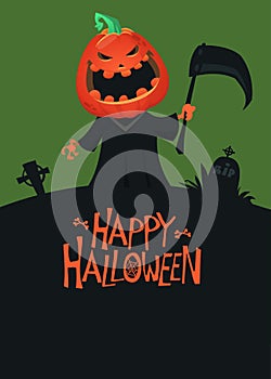Halloween scary grim reaper with pumpkin head illustration. Vector cartoon carved jack-o-lantern