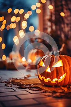 Halloween scary pumpkin on the background of the evening house.