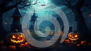 Halloween scary pumpkin candles and dry leaves halloween background