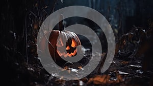 Halloween scary pumpkin with fire in the cemetery at night, grave background. AI generated.