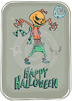 Halloween scary pumpkin head scarecrow, vector postcard for Halloween holiday.