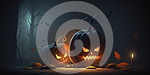 Halloween scary pumpkins. Spooky dark halloween background for greeting card.