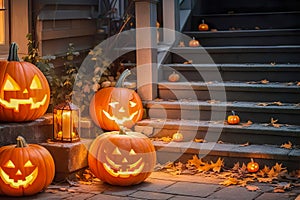 Halloween scary spooky pumpkins on the yard