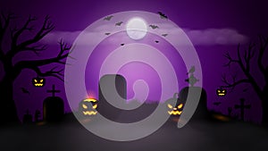 Halloween scary violet background. Foggy landscape with bats, full moon, pumpkins, trees and gravestones on graveyard