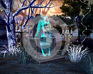 Halloween scary witch ghost sitting in a stone chair holding a glass sphere with haunted forest landscape