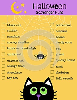 Halloween scavenger hunt. Funny game for kids. Printable worksheet. Black cat and spider.