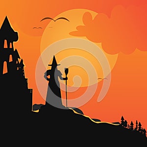 Halloween scene background illustration in orange color