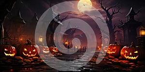 A Halloween Scene With Carved Pumpkins And A Full Moon