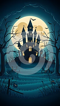 Halloween scene with castle silhouette, glowing moon, and dead trees, evoking spooky atmosphere