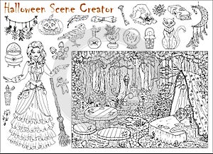 Halloween scene creator set with beautiful witch girl and place in the forest