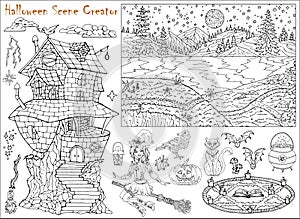Halloween scene creator with witch girl flying on broom, spooky house and animals