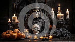 a halloween scene with a grim reaper pumpkins and candles