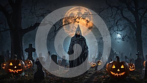 Halloween scene with haunted graveyard under a full moon is filled with pumpkins. photo