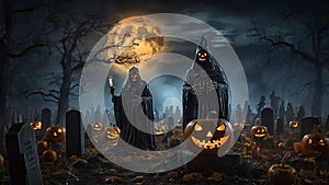 Halloween scene with haunted graveyard under a full moon is filled with pumpkins. photo