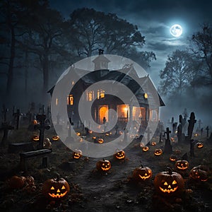 Halloween scene with haunted graveyard under a full moon is filled with pumpkins. photo