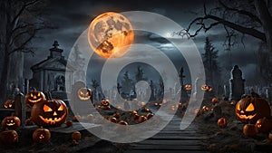 Halloween scene with haunted graveyard under a full moon is filled with pumpkins. photo