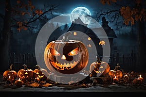 Halloween scene with haunted graveyard under a full moon is filled with pumpkins. photo