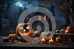Halloween scene with haunted graveyard under a full moon is filled with pumpkins. photo