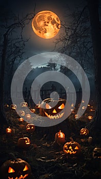 Halloween scene with haunted graveyard under a full moon is filled with pumpkins. photo