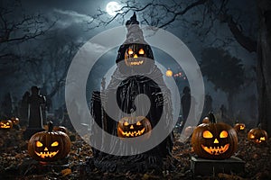 Halloween scene with haunted graveyard under a full moon is filled with pumpkins. photo