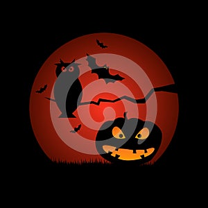 Halloween scene. Illustration of a grunge Halloween frame with pumpkins, bats and owl