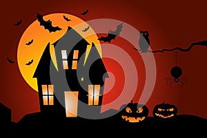 Halloween scene. Illustration of a Haunted House with pumpkins, owl, bats and spider
