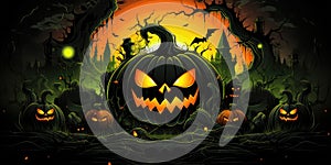 A Halloween Scene With Jack O Lantern Pumpkins