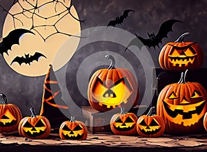 Halloween Scene With Owl spooky pumpkins
