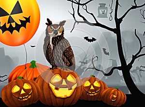 Halloween Scene With Owl spooky pumpkins