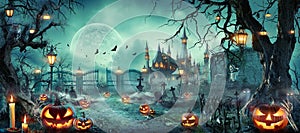 Halloween Scene - Party Of Pumpkins And Zombies In Graveyard At Moonlight