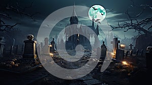 Halloween Scene with Party Of Pumpkins And Zombies In Graveyard At Moonlight, horror background