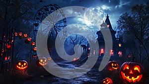 Halloween Scene With Pumpkins and Ferris Wheel, Halloween carnival with ferris wheel and haunted house against a twilight sky