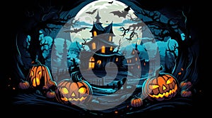 a halloween scene with pumpkins and a haunted house