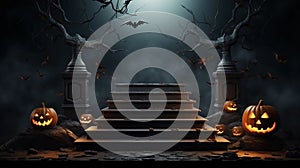 Halloween scene with stairs, pumpkins and bats. 3D rendering.
