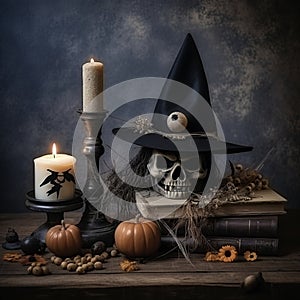 a halloween scene with a witchs hat books and candles