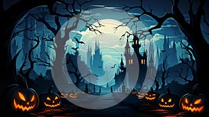 halloween scenery in the moonlight with jack's lanterns and the graveyard