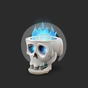 Halloween scull with blue flame on dark background.