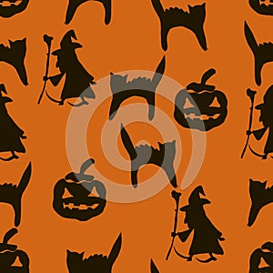Halloween seamless  background. Black silhouette of witchs, bats, spiders, pumpkins photo