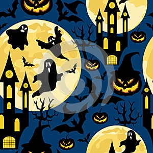 Halloween seamless pattern for party with bats,ghosts,castles and pumpkins photo