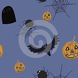 Halloween seamless pattern with animals, jack-o-lanterns on blue background. Halloween print. Packaging, wallpaper, textile, stati photo