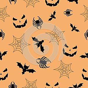 Halloween seamless pattern with bats, pumpkin face, spiders and web