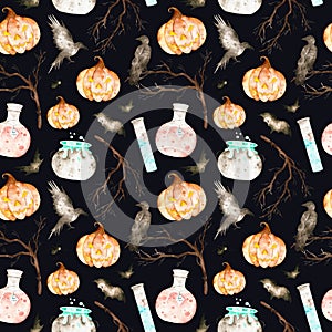 This halloween seamless pattern on a black background included magic cauldron,potion bottles,bats,ravens,branches and pumpkin.