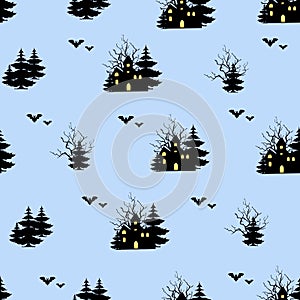 Halloween seamless pattern. Black silhouettes of a forest and a haunted house. Endless texture for fabric, tile, wrapping paper,
