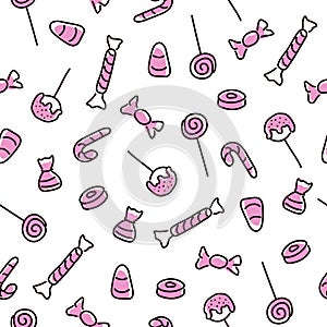 Halloween seamless pattern with candy. Doodle style with pink color. Line art pattern with sweets for Halloween. For